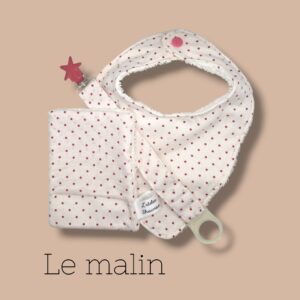 kit le malin, bavoir, débarbouillette, attache tétine